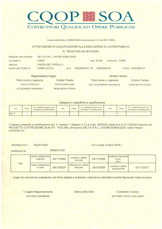 ATTESTAZIONE SOA OG7 CLASSIFICA I DELTA SRL LAV SUB-2025